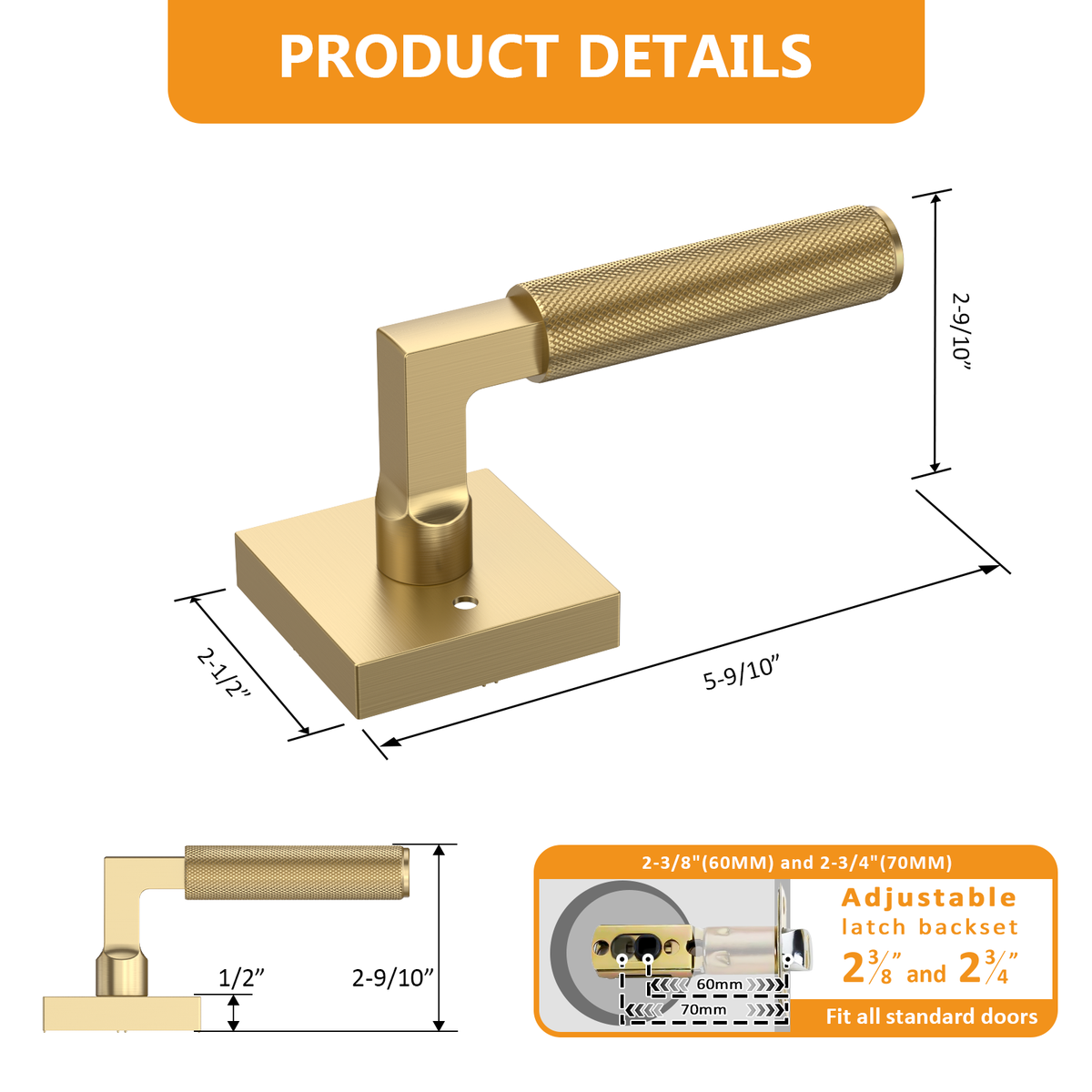 ZR01-098A Satin Champagne Bronze Door Levers, Knurled Square Rosette | Privacy, Passage, Dummy
