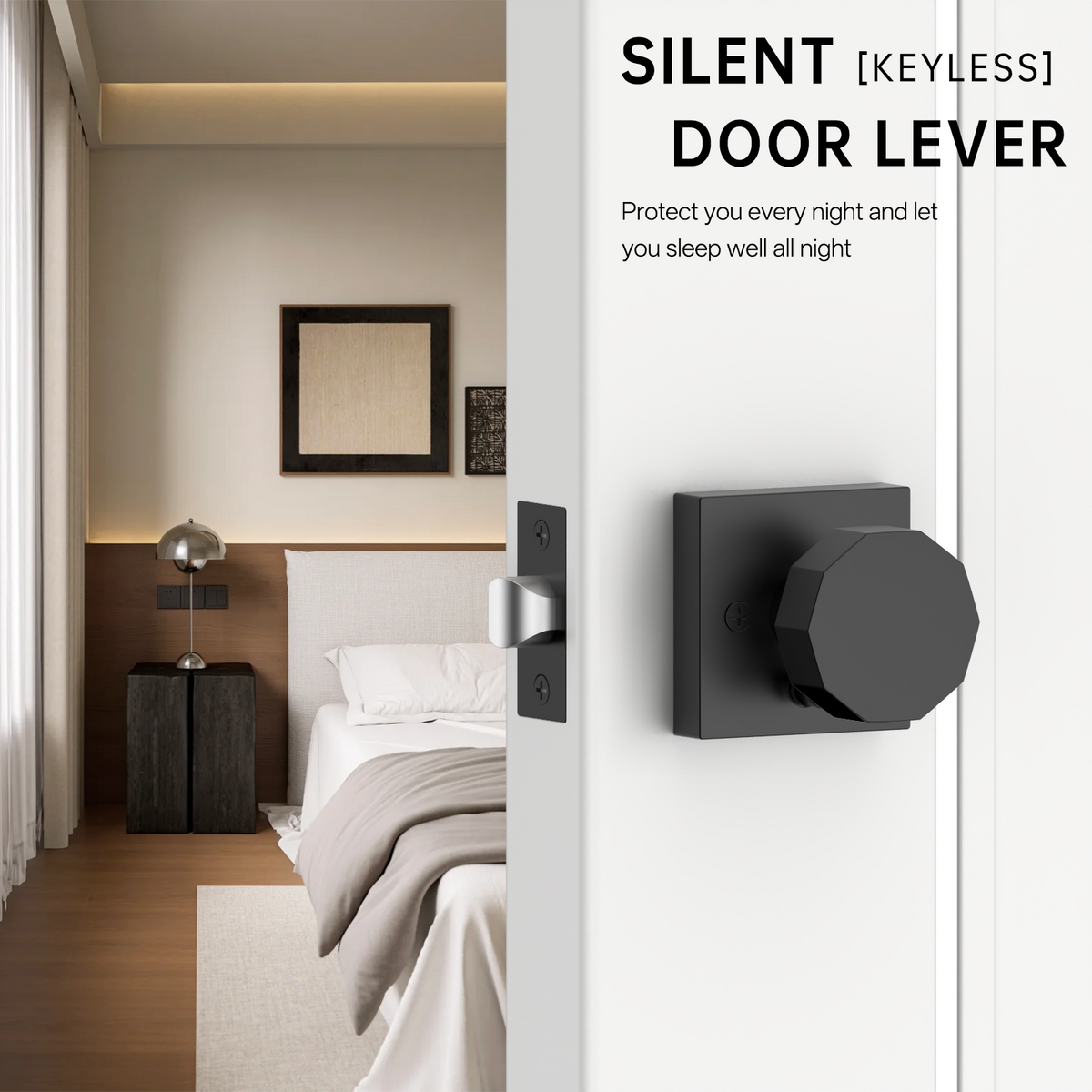 ZR01-101Z Matte Black Door Knobs, Warm Minimalism Octagonal Square Rosette | Privacy