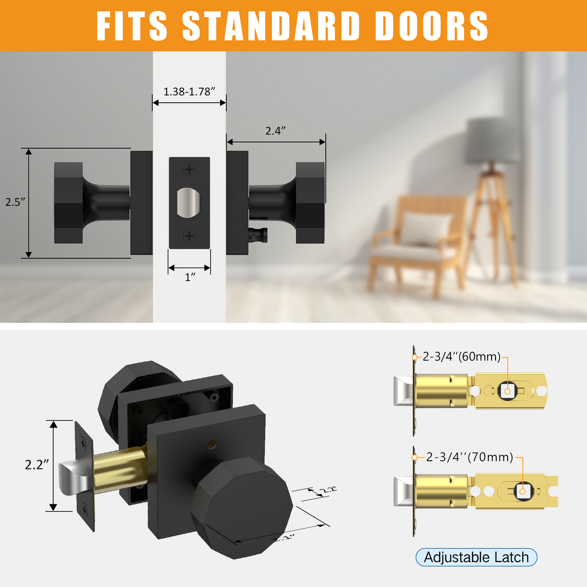 ZR01-101Z Matte Black Door Knobs, Warm Minimalism Octagonal Square Rosette | Privacy
