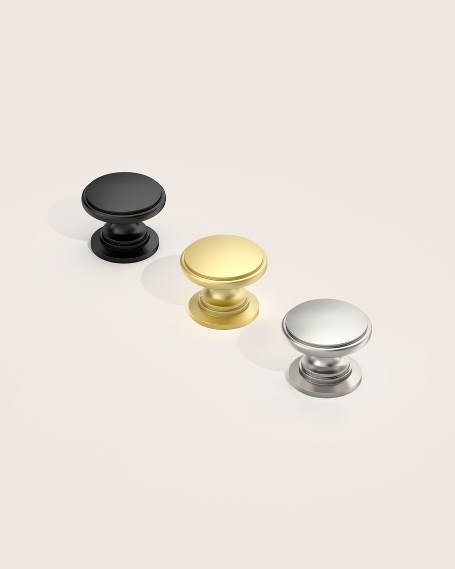 DESIGN1192 Brushed Gold Button Knobs for White & Navy Blue Cabinets | 1.18" Wide
