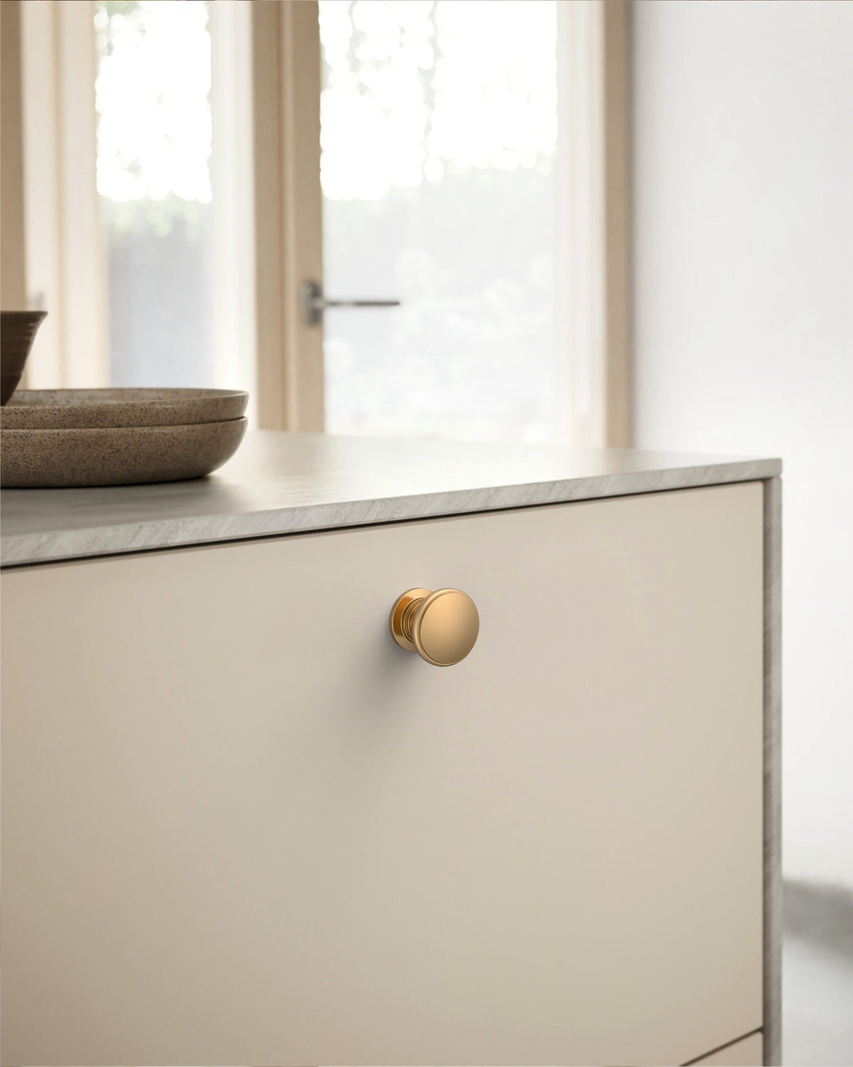 DESIGN1192 Brushed Gold Button Knobs for White & Navy Blue Cabinets | 1.18" Wide