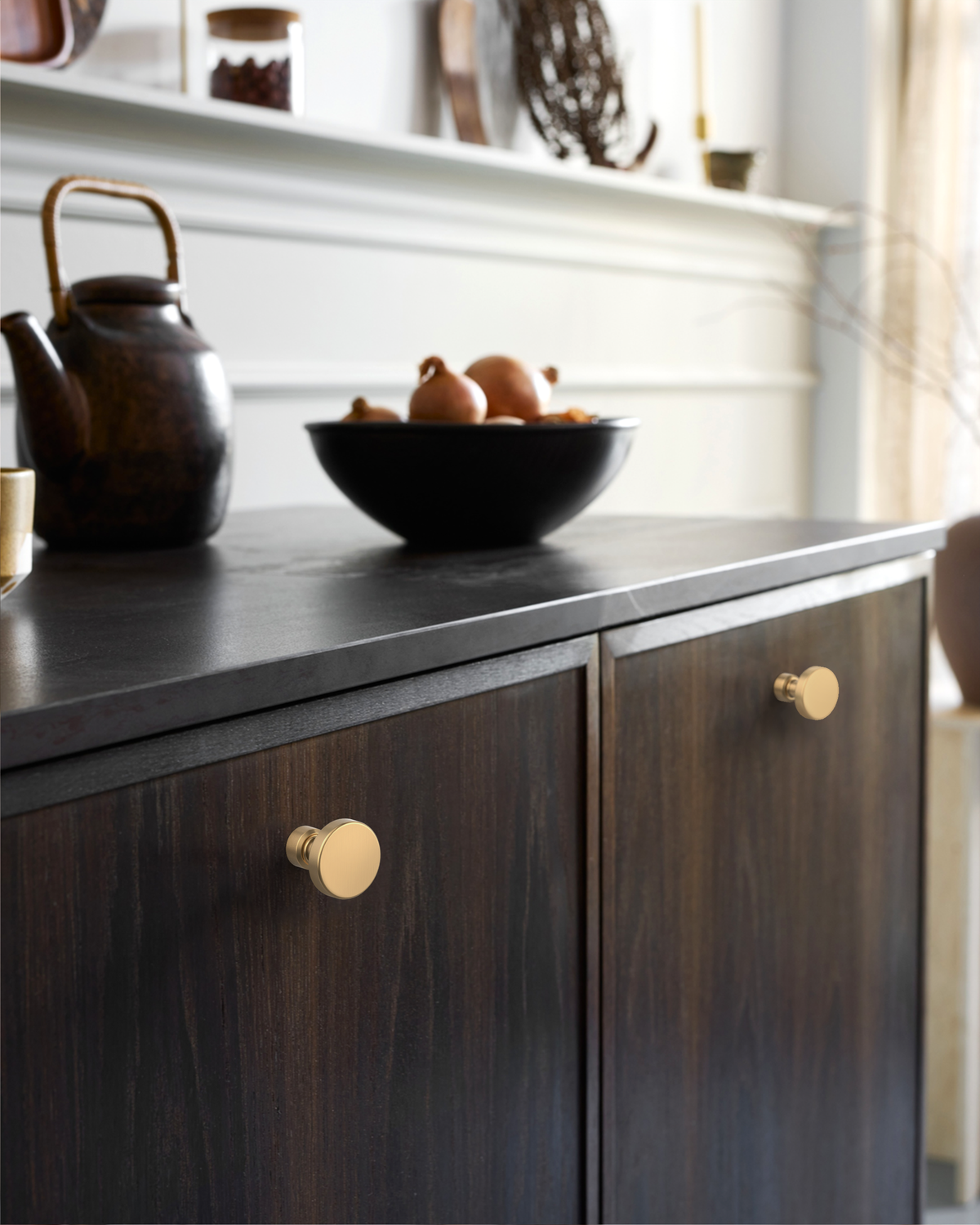 DESIGN1456 Solid Metal Modern Circular Knob for Kitchen & Bath | 1-1/6" , Brushed Brass