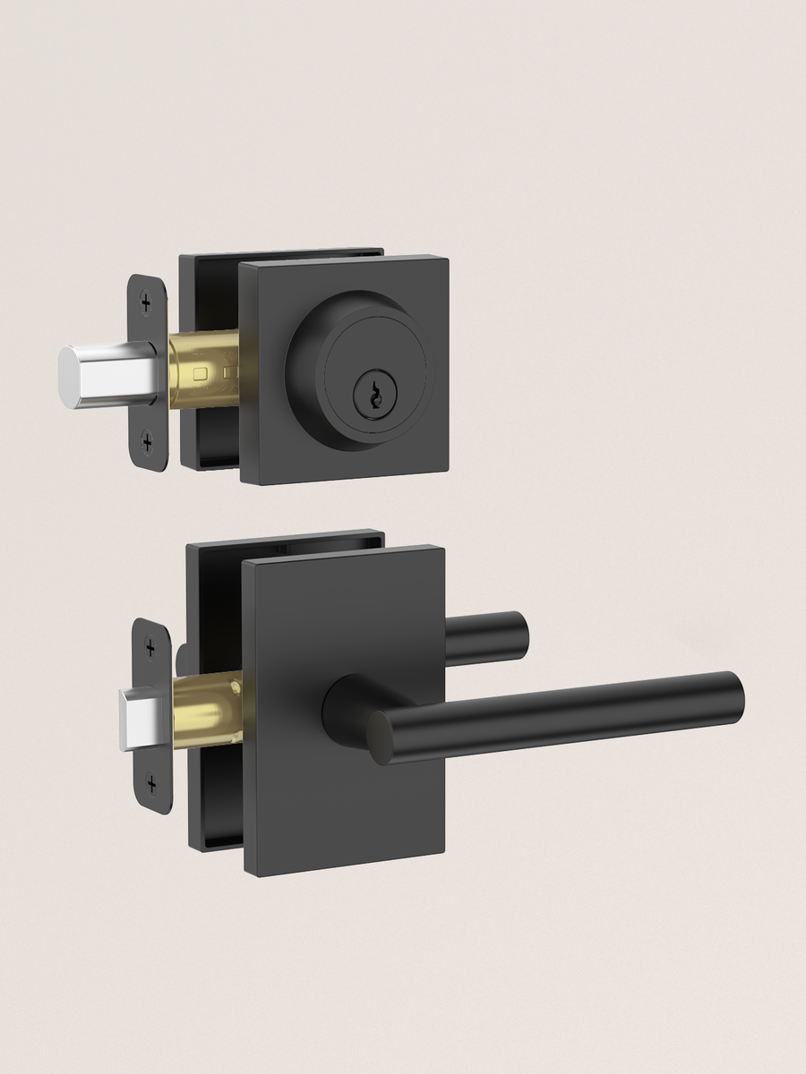 Z004-097Z Matte Black Front Door Lock Set with Deadbolt – Modern Square Door Handle Combo (2 Pack)