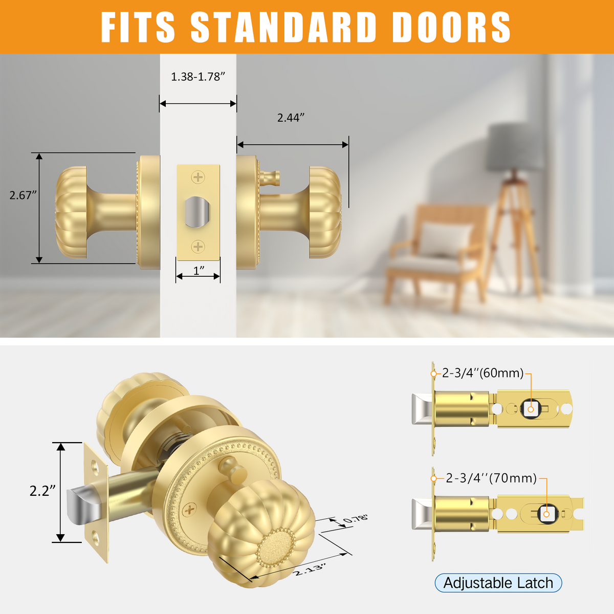 ZR12-211Z Brushed Gold Privacy Door Knobs – Solid Zinc Alloy Interior Knobs with Lock