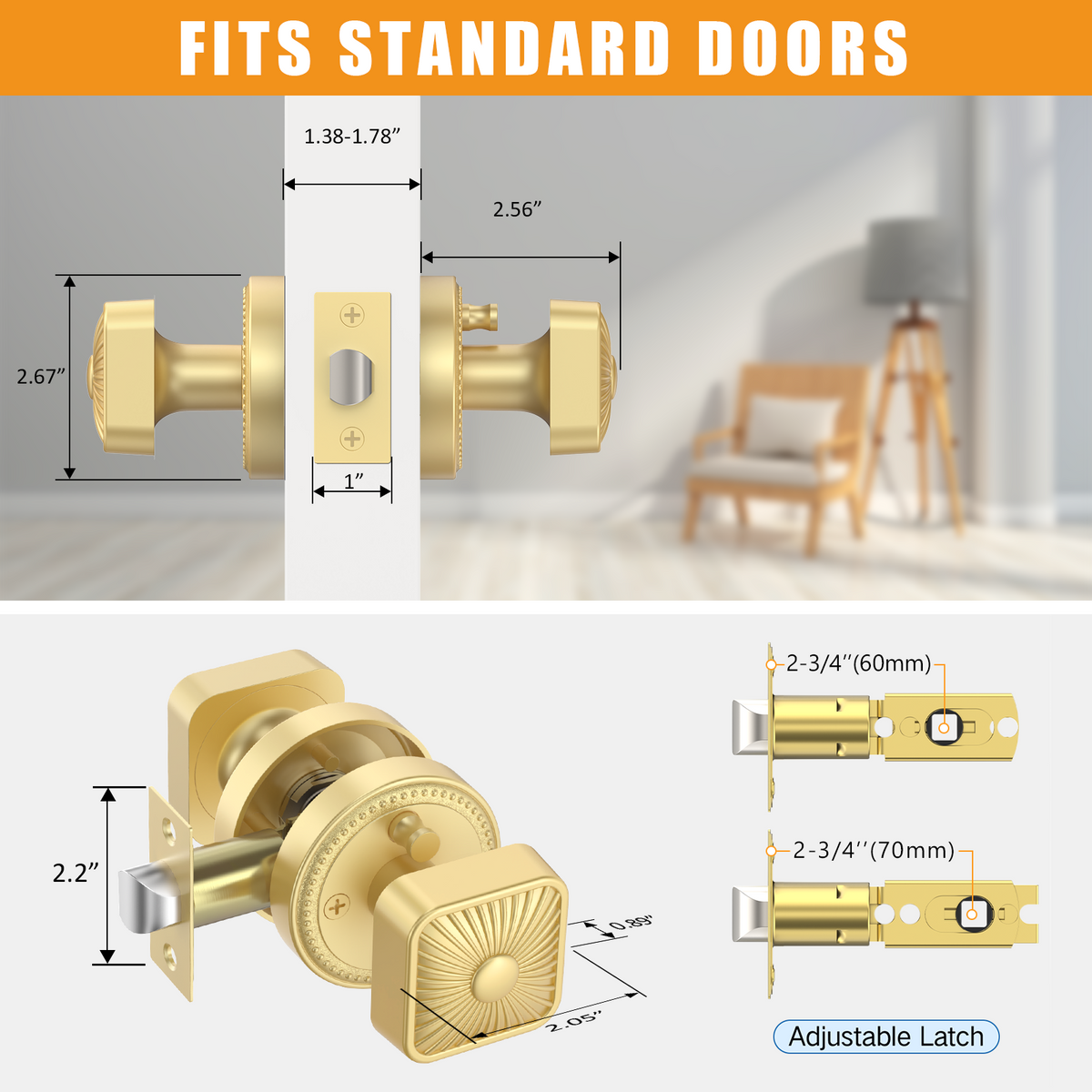ZR12-212Z Brushed Gold Starburst Square Door Knobs with Beaded Rosette | Privacy Door Hardware