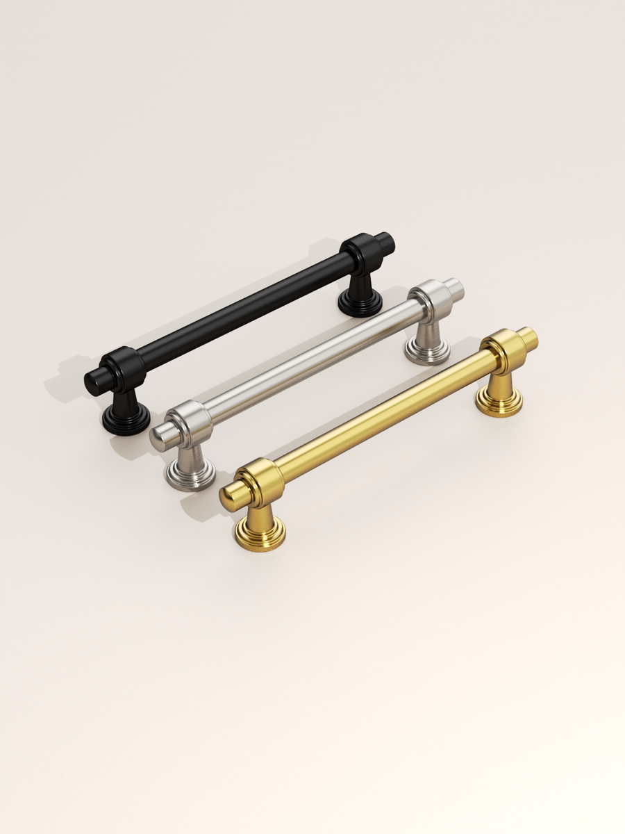 DESIGN2249 Brushed Gold Cabinet Pulls – Modern Heritage Stepped Base Handles for Kitchen Cabinets