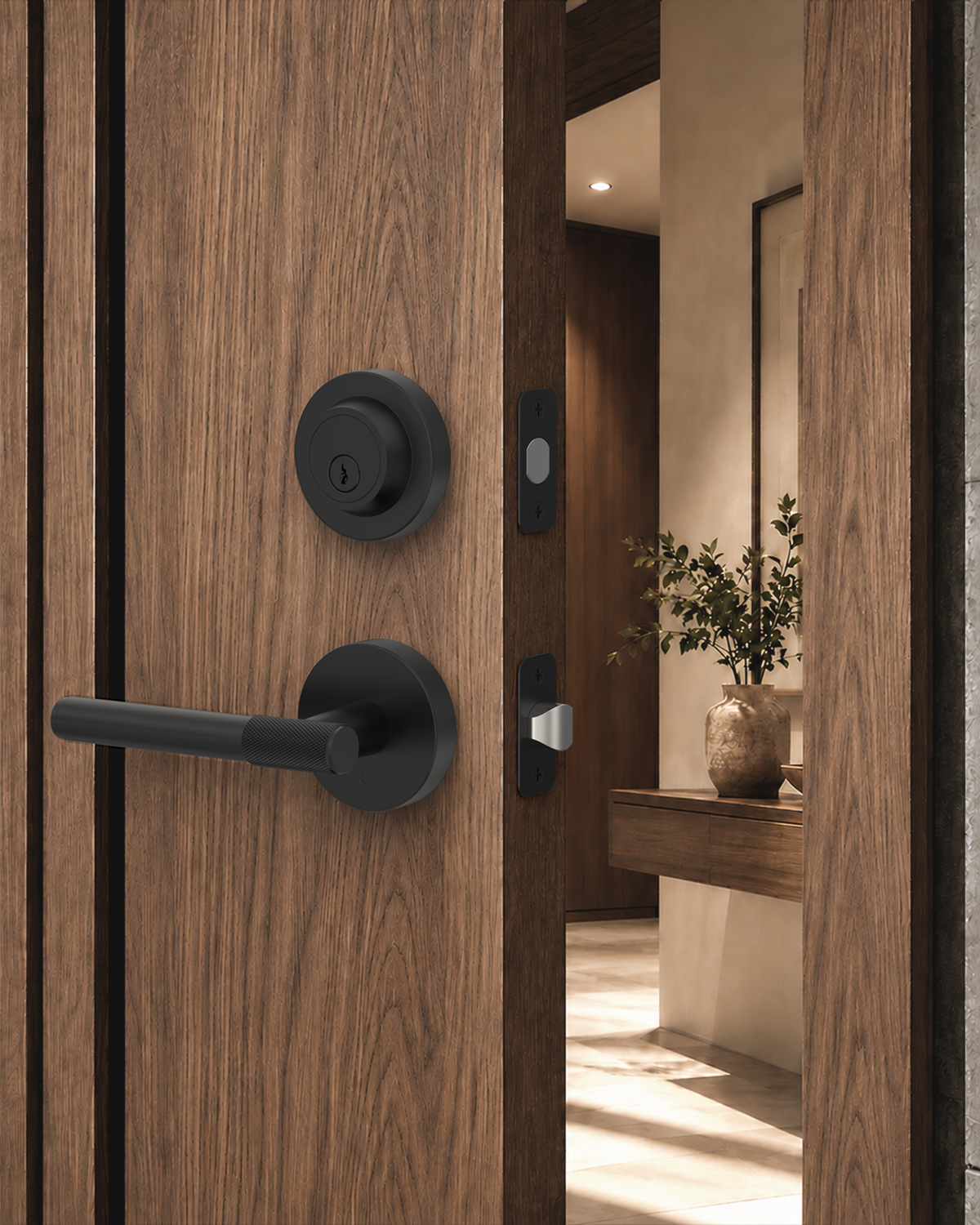 Z002-123A Matte Black Front Door Lock Set with Deadbolt – Rich Minimalist Knurled Entry Lever Combo