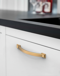 DESIGN3150 Transitional Brushed Gold Cabinet Pulls – Stepped Base Arched Handles for Kitchen Cabinets