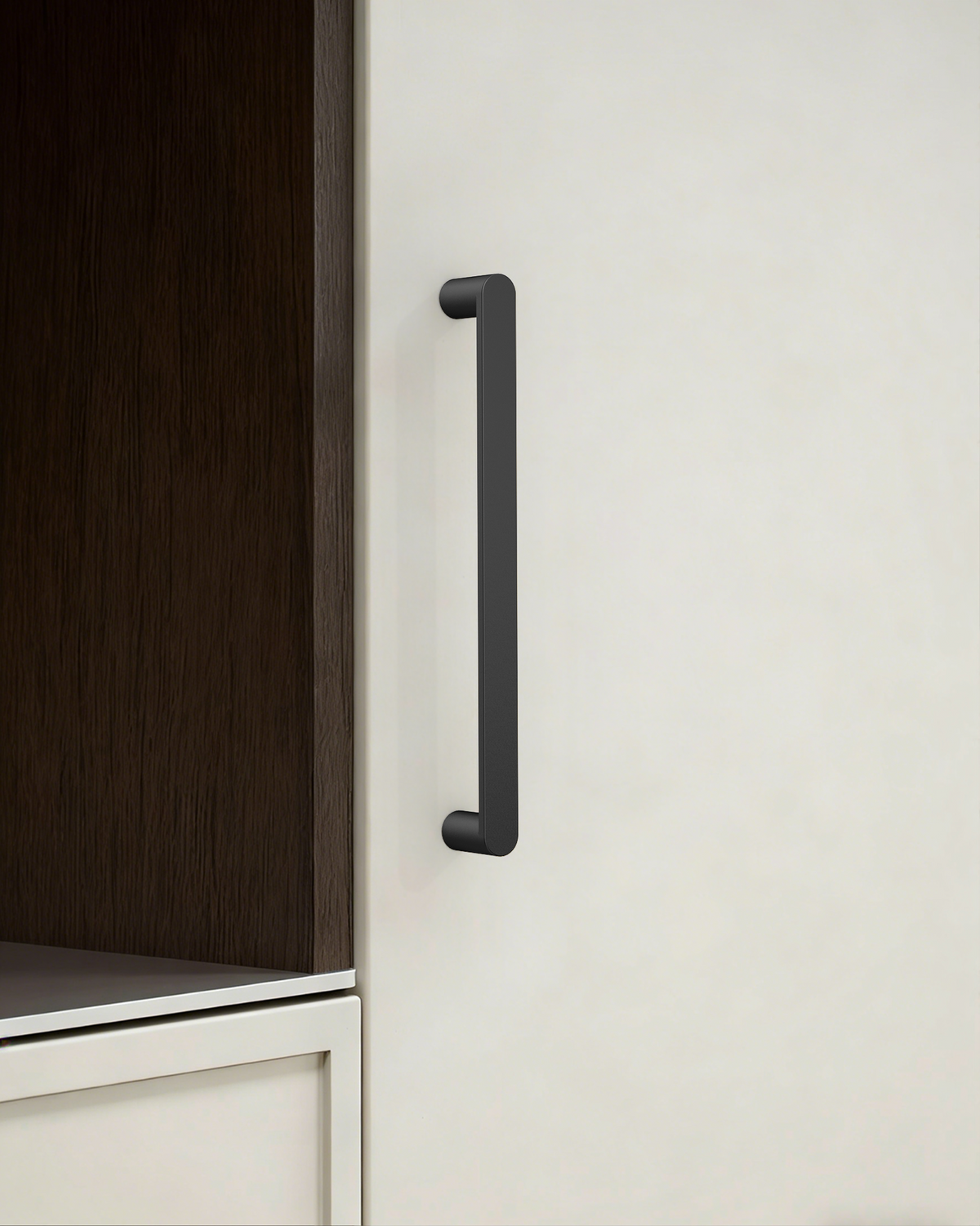 DESIGN3644 Minimalist Flat Top D-Bar Pull | Oak Wood & White Shaker Cabinets (Matte Black)