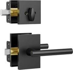 Z004-097Z Matte Black Front Door Lock Set with Deadbolt – Modern Square Door Handle Combo (2 Pack)
