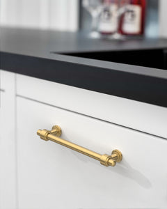 DESIGN2249 Brushed Gold Cabinet Pulls – Modern Heritage Stepped Base Handles for Kitchen Cabinets