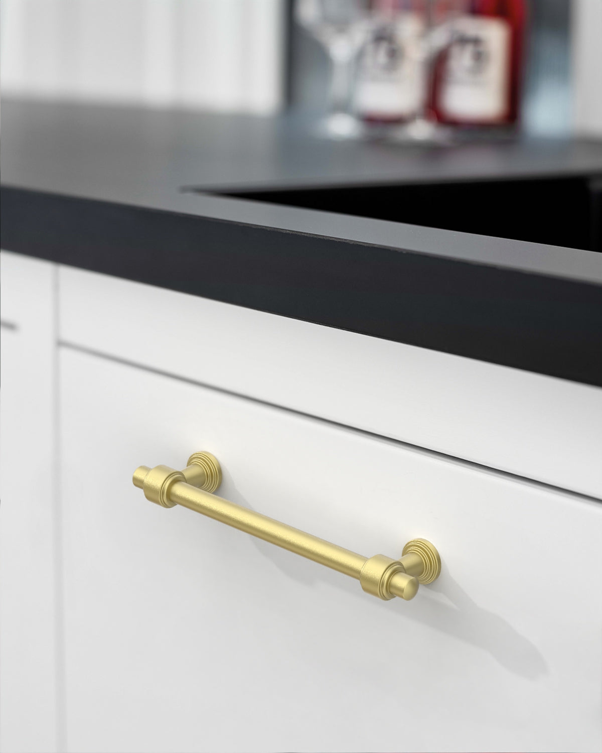 DESIGN2249 Brushed Gold Cabinet Pulls – Modern Heritage Stepped Base Handles for Kitchen Cabinets