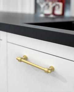 DESIGN2249 Brushed Gold Cabinet Pulls – Modern Heritage Stepped Base Handles for Kitchen Cabinets