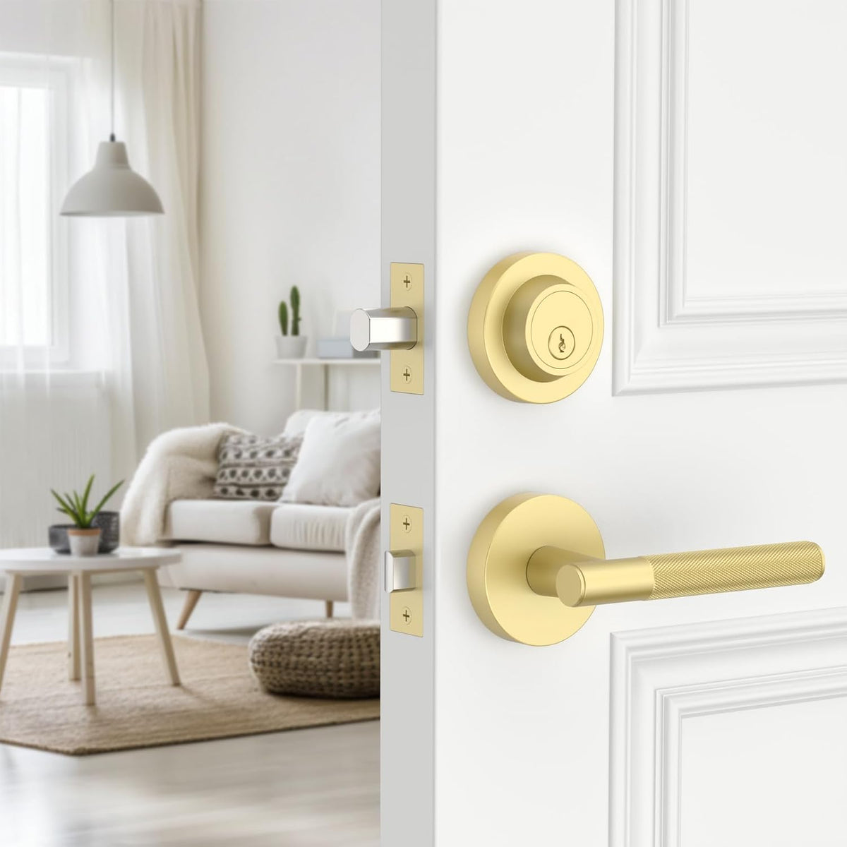 Z002-124A Matte Black Front Door Lock Set with Deadbolt – Rich Minimalist Knurled Entry Lever Combo