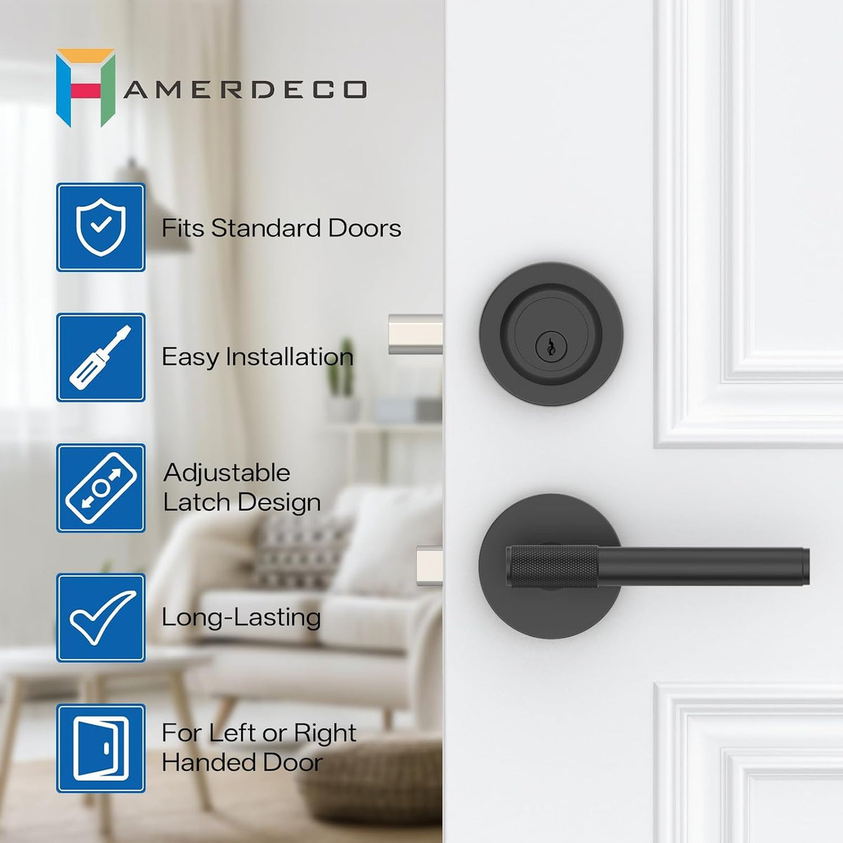 Z002-123A Matte Black Front Door Lock Set with Deadbolt – Rich Minimalist Knurled Entry Lever Combo