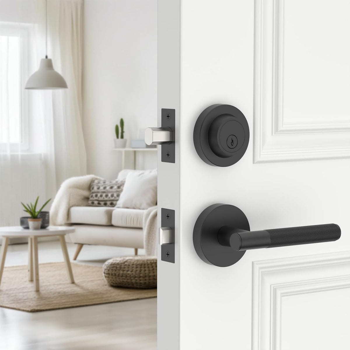 Z002-124A Matte Black Front Door Lock Set with Deadbolt – Rich Minimalist Knurled Entry Lever Combo