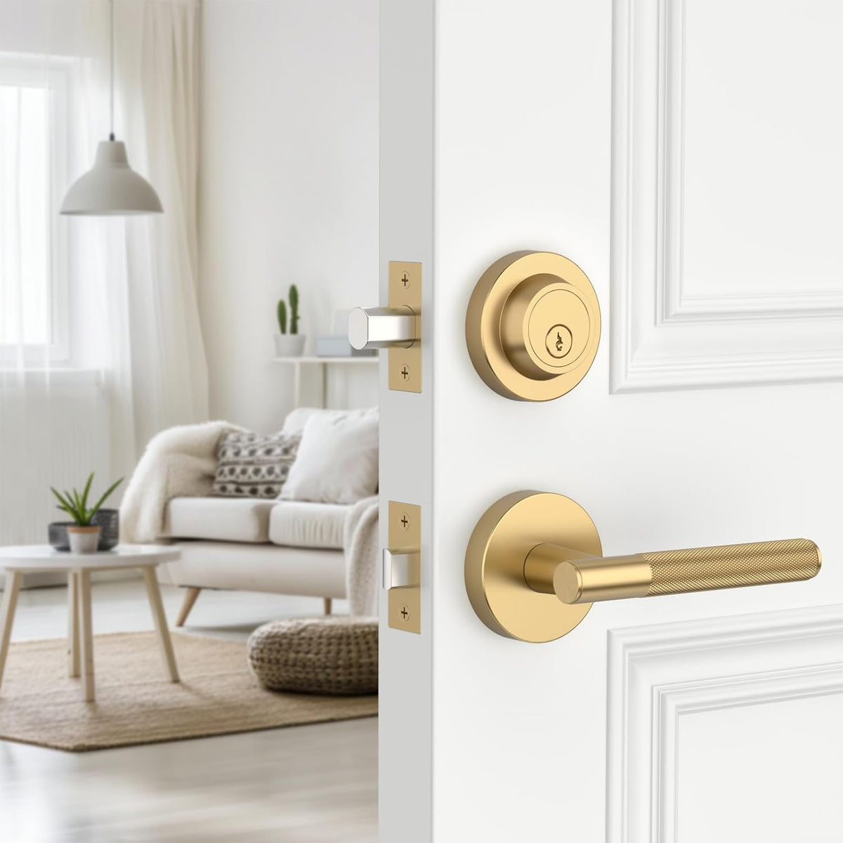 Z002-124A Matte Black Front Door Lock Set with Deadbolt – Rich Minimalist Knurled Entry Lever Combo