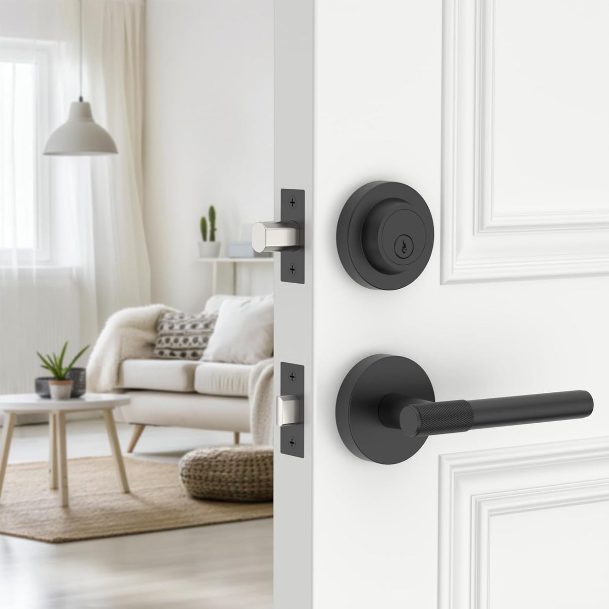 Z002-123A Matte Black Front Door Lock Set with Deadbolt – Rich Minimalist Knurled Entry Lever Combo