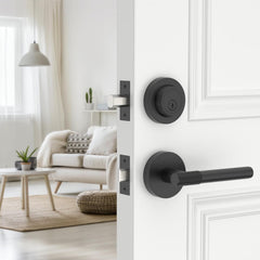 Z002-123A Matte Black Front Door Lock Set with Deadbolt – Rich Minimalist Knurled Entry Lever Combo
