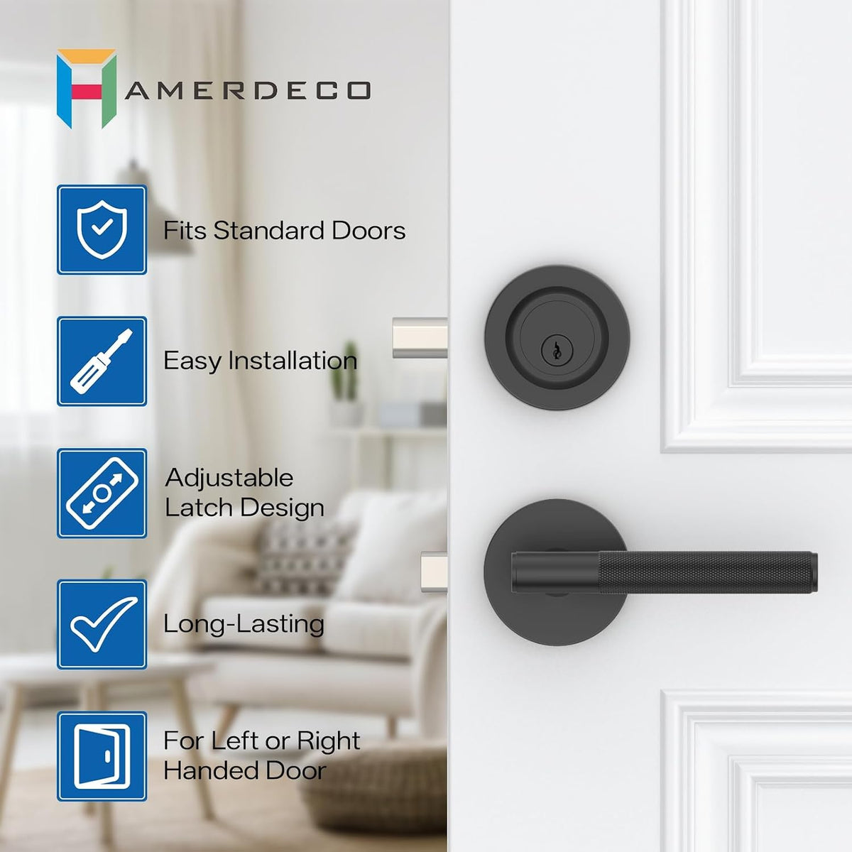 Z002-124A Matte Black Front Door Lock Set with Deadbolt – Rich Minimalist Knurled Entry Lever Combo