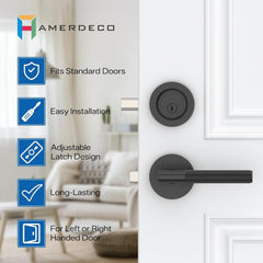 Z002-124A Matte Black Front Door Lock Set with Deadbolt – Rich Minimalist Knurled Entry Lever Combo