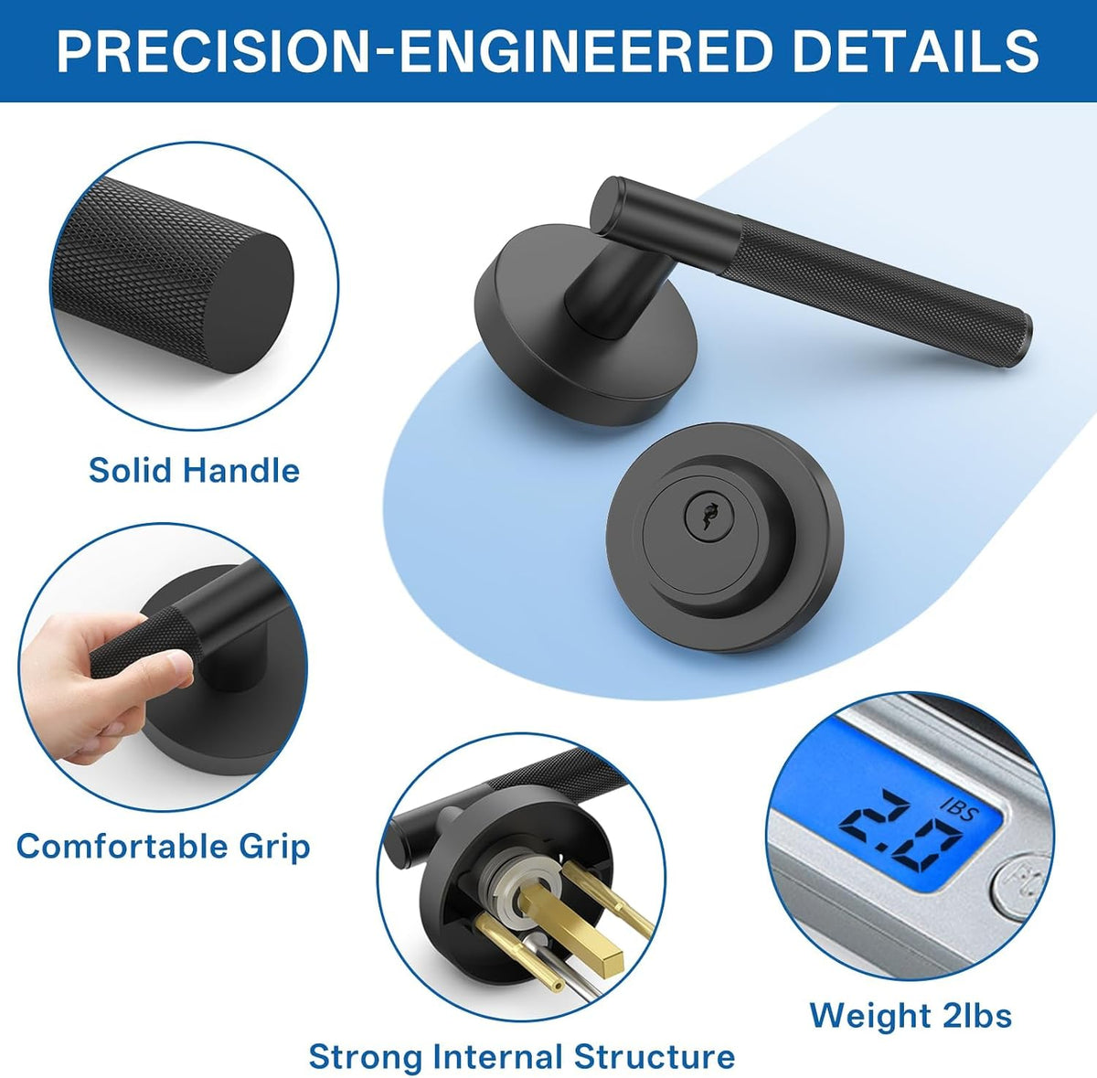 Z002-124A Matte Black Front Door Lock Set with Deadbolt – Rich Minimalist Knurled Entry Lever Combo