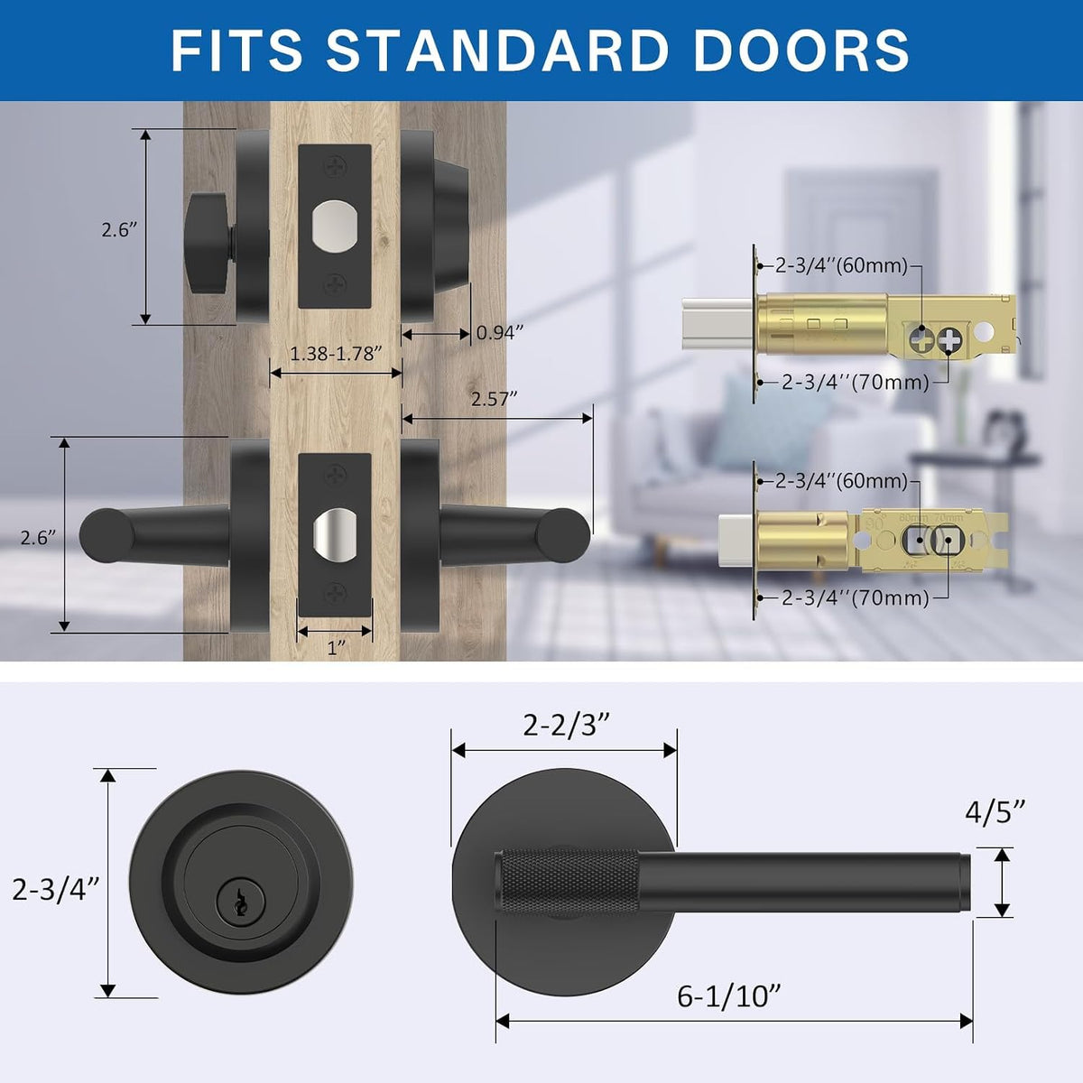 Z002-123A Matte Black Front Door Lock Set with Deadbolt – Rich Minimalist Knurled Entry Lever Combo