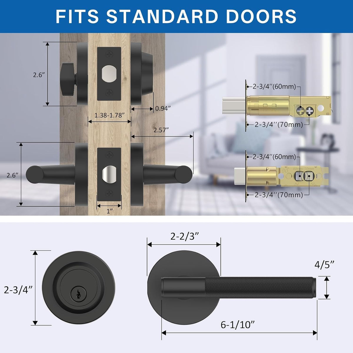 Z002-124A Matte Black Front Door Lock Set with Deadbolt – Rich Minimalist Knurled Entry Lever Combo