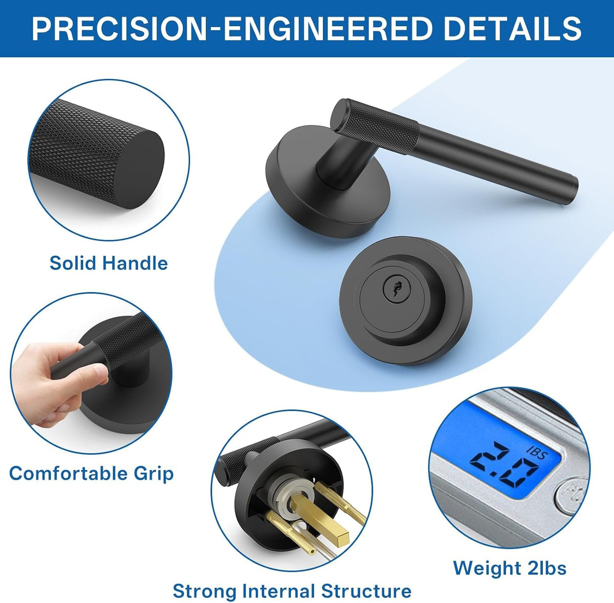 Z002-123A Matte Black Front Door Lock Set with Deadbolt – Rich Minimalist Knurled Entry Lever Combo