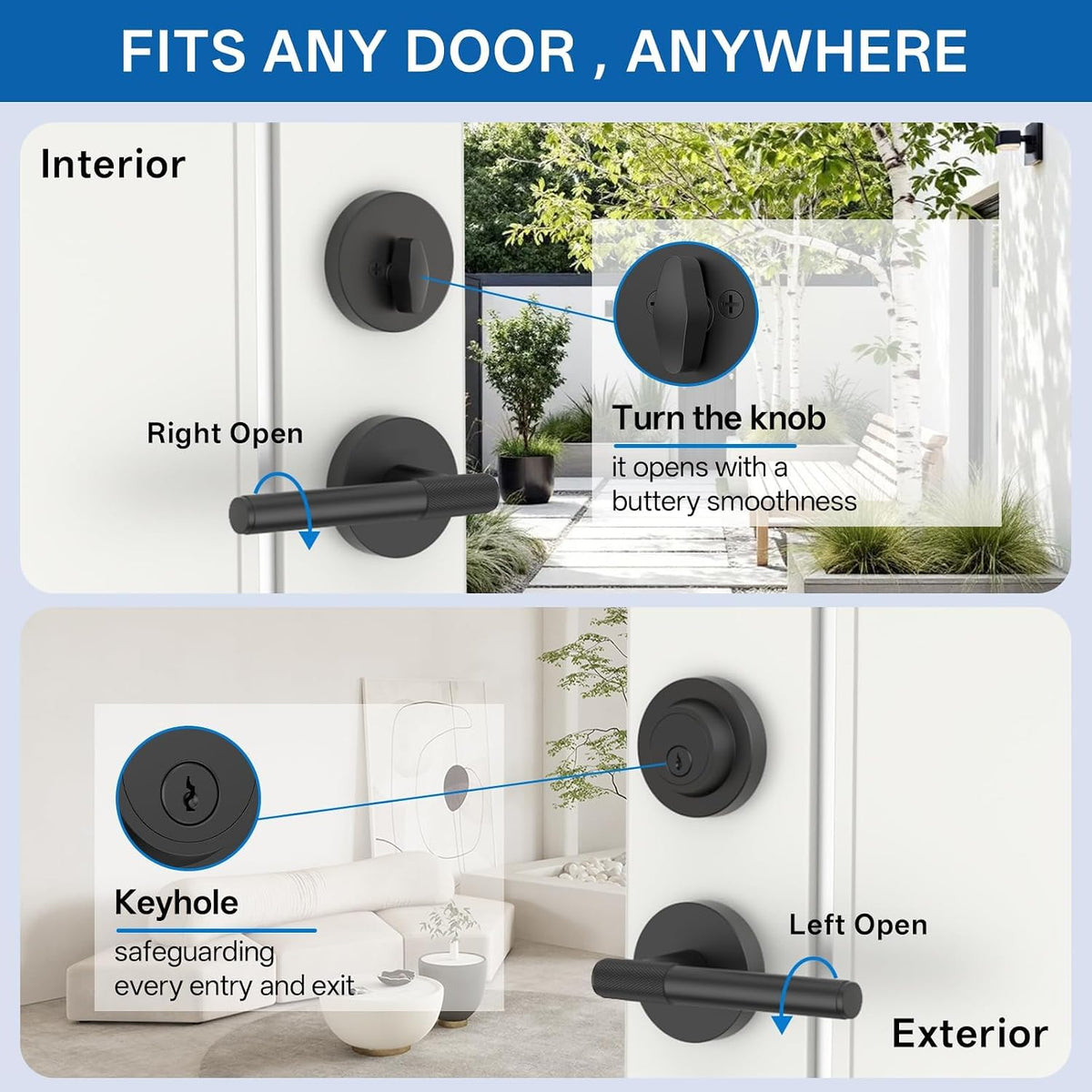 Z002-123A Matte Black Front Door Lock Set with Deadbolt – Rich Minimalist Knurled Entry Lever Combo