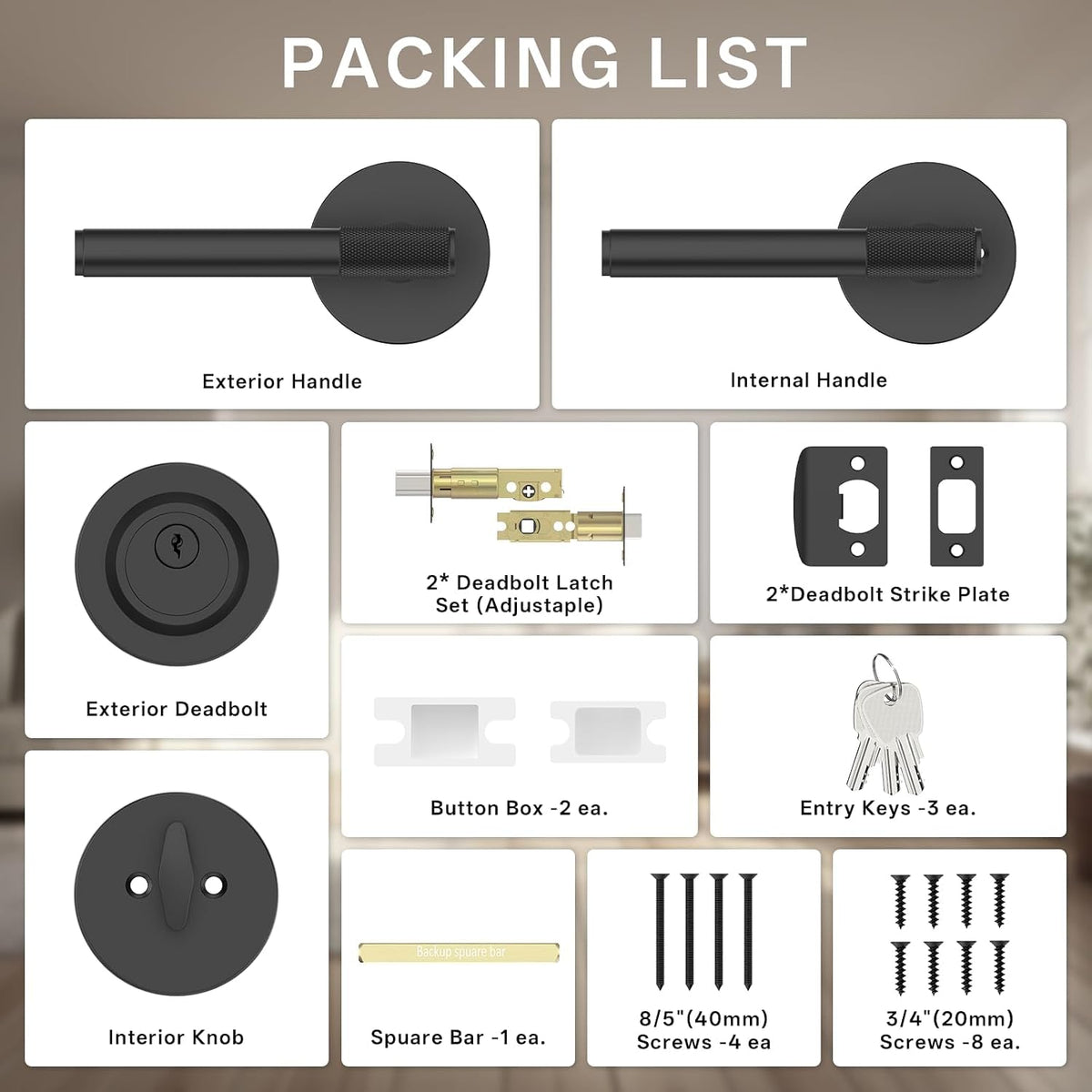 Z002-123A Matte Black Front Door Lock Set with Deadbolt – Rich Minimalist Knurled Entry Lever Combo