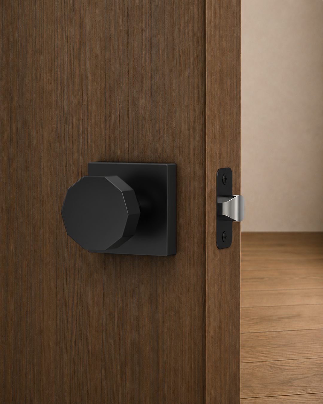 ZR01-101Z Matte Black Door Knobs, Warm Minimalism Octagonal Square Rosette | Privacy