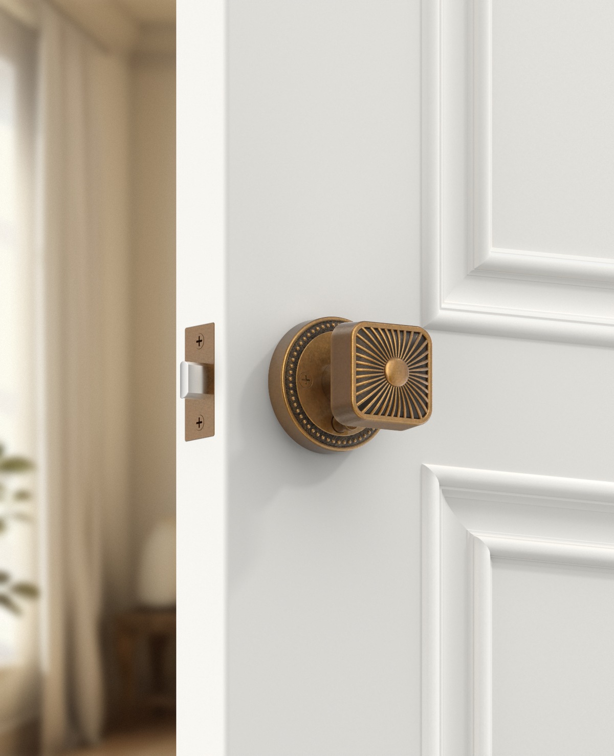 ZR12-212Z Brushed Gold Starburst Square Door Knobs with Beaded Rosette | Privacy Door Hardware